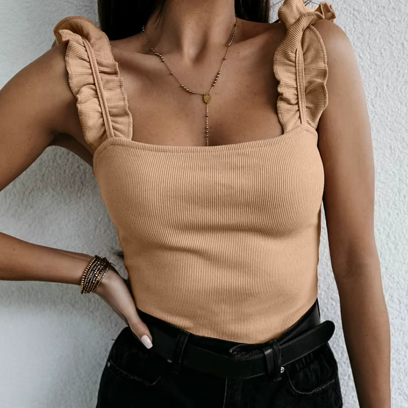 Précieux Y-Femmes Col Carré Monochromatique Tricot Décontracté Basique Ddeau Lit Slim Volants