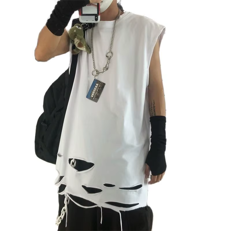Débardeur d'été déchiré style punk hip-hop vintage pour hommes et femmes