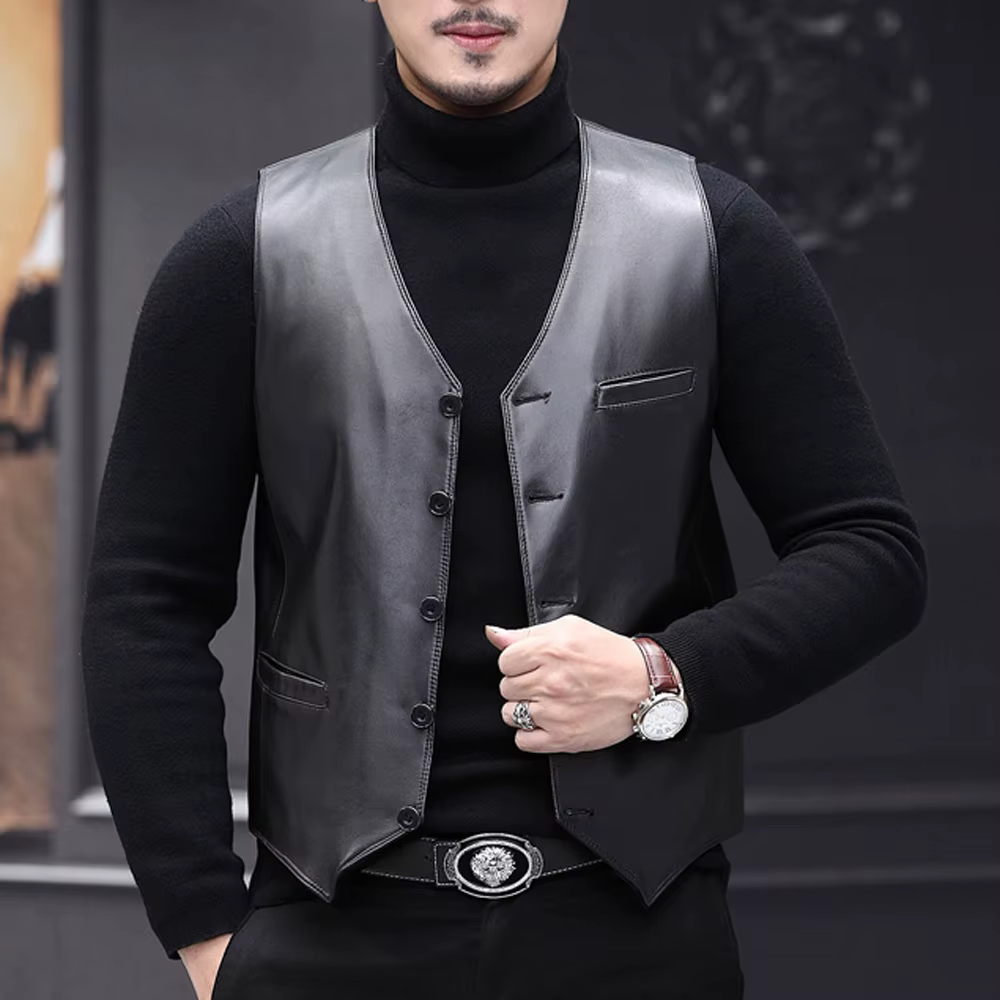 Gilet classique en cuir véritable pour Hommes