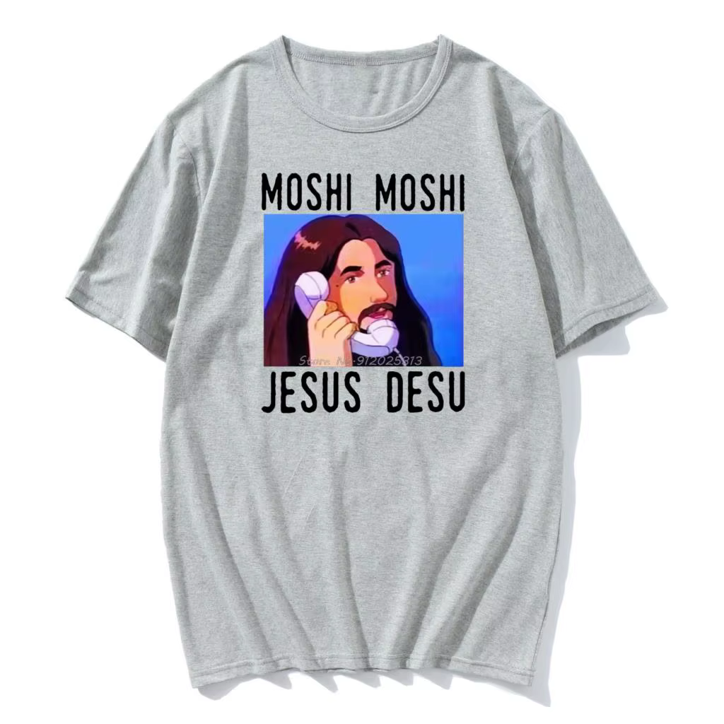 Moshi Moshi jésus Desu drôle surdimensionné T-shirt hommes T-shirt noir coton hommes chemise mode T-shirt hommes coton Harajuku T-shirt