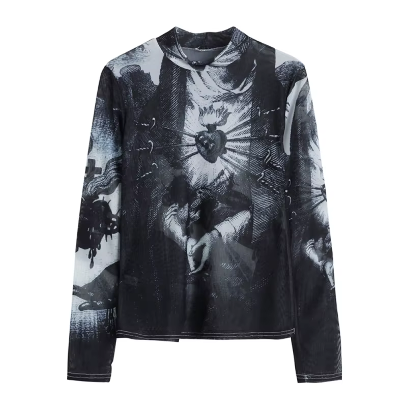 CHEERART Goth maille haut femmes tendance mode graphique t-shirts à manches longues col roulé voir à travers