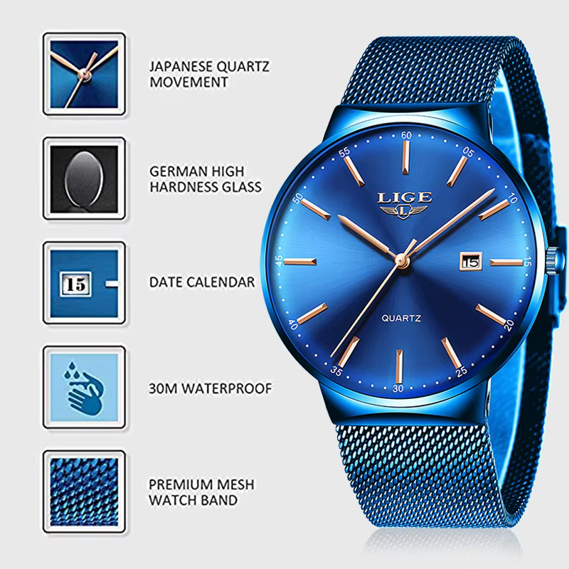 LIGE 2025 nouvelles montres pour hommes haut de gamme marque homme mode bleu Quartz montre-bracelet Sport montre étanche