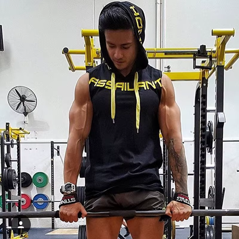 Hommes débardeurs vêtements de sport Fitness sweat à capuche sans manches gilets coton Singlets