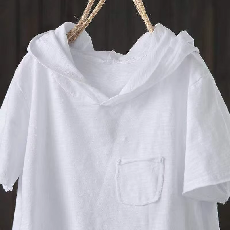 T-shirt à capuche pour femmes 2025 Original 95% coton été nouveau Style ample coton à manches courtes trou littéraire décontracté femmes vêtements