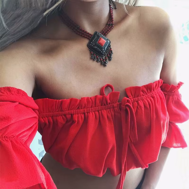 Crop tops femmes 2025 été lanterne manches sexy bretelles plage hauts rouge noir blanc froncé haut court croptop