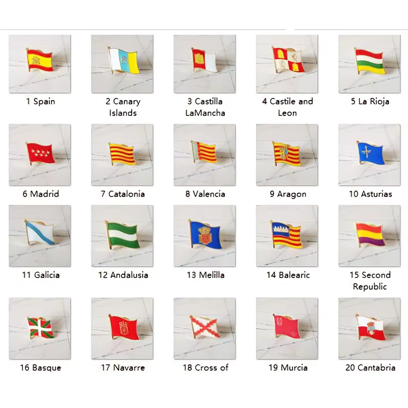 Épinglette en métal drapeau national, Comunités autonomes de l'Espagne, Nationalités, Régions, Croix de Bourgogne, Deuxième République