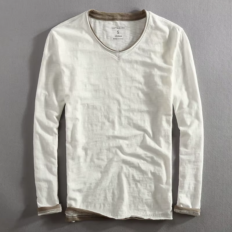 Hommes à manches longues T-shirt coton col en v solide décontracté hauts t-shirts
