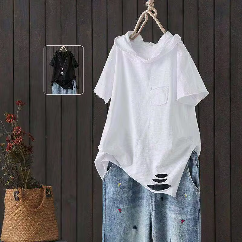 T-shirt à capuche pour femmes 2025 Original 95% coton été nouveau Style ample coton à manches courtes trou littéraire décontracté femmes vêtements