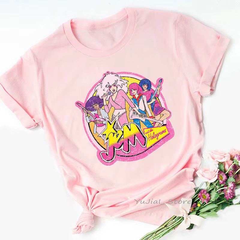 T-shirt femme rose, humoristique, Jem et l'hologramme, harajuku, été 2024