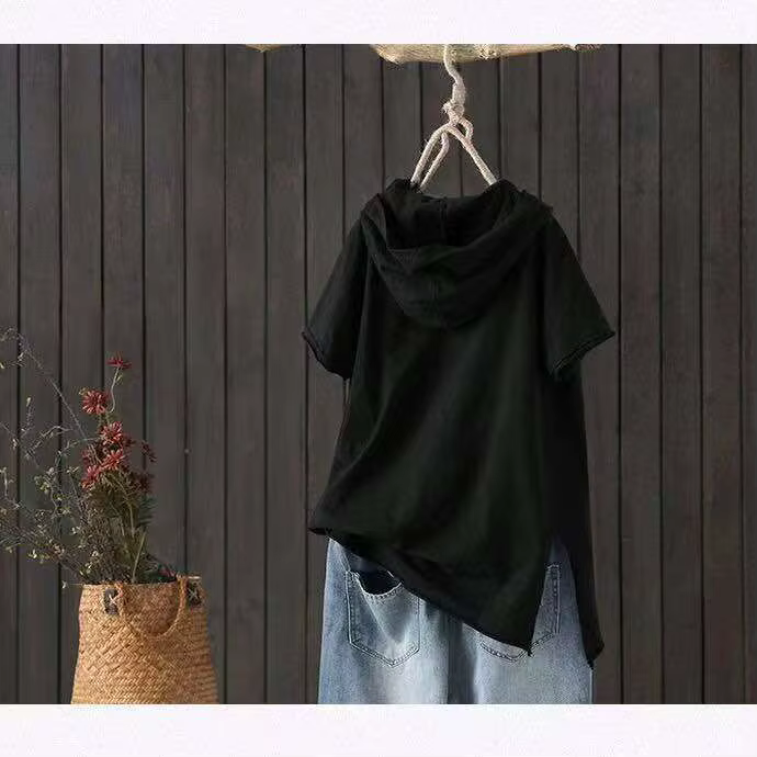 T-shirt à capuche pour femmes 2025 Original 95% coton été nouveau Style ample coton à manches courtes trou littéraire décontracté femmes vêtements