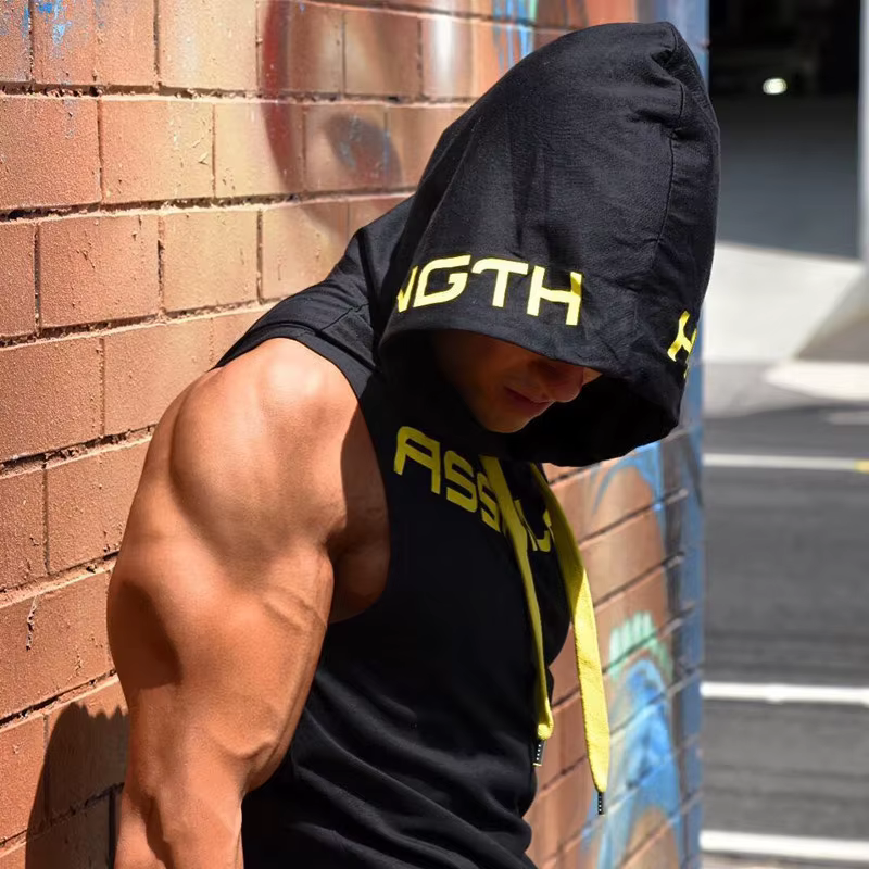 Hommes débardeurs vêtements de sport Fitness sweat à capuche sans manches gilets coton Singlets