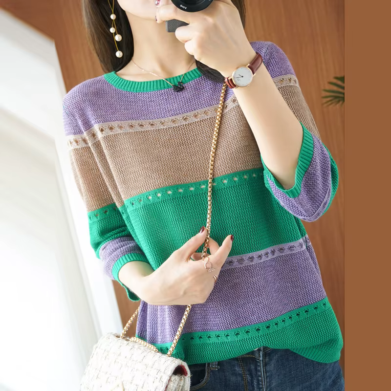 Pull fin tricoté à manches courtes pour femme