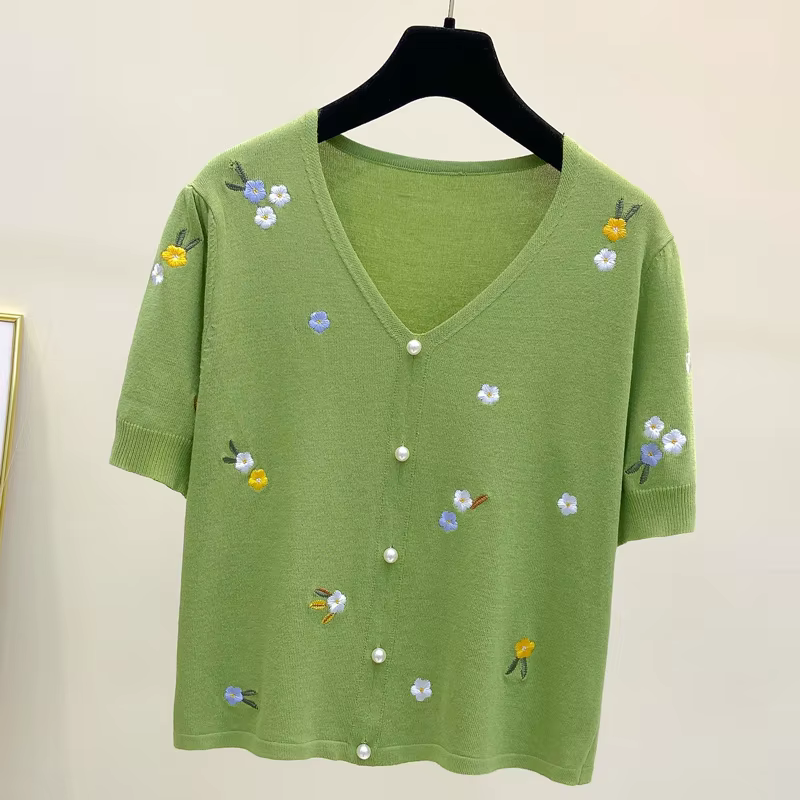 T-shirt femmes 2025 été col en v coton pull