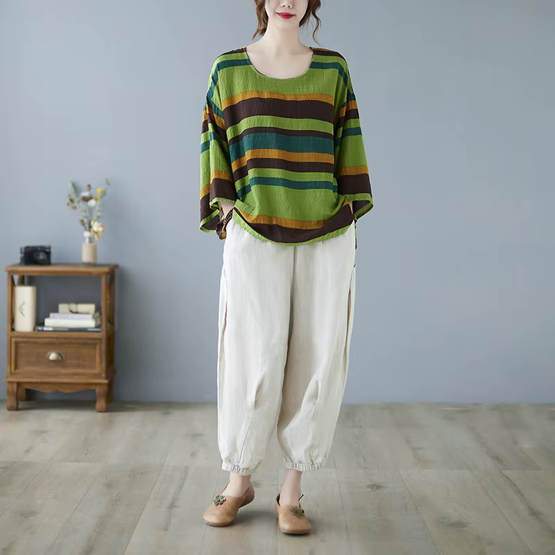 Anteef surdimensionné coton vintage rayure décontracté lâche été t-shirt femmes