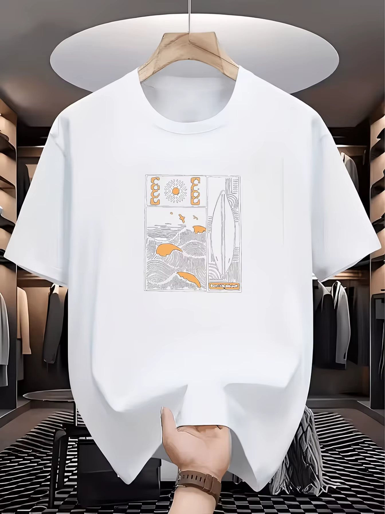 T-shirt pour homme à imprimé vague de surf rétro - Haut décontracté à col rond pour la plage avec motif de planche