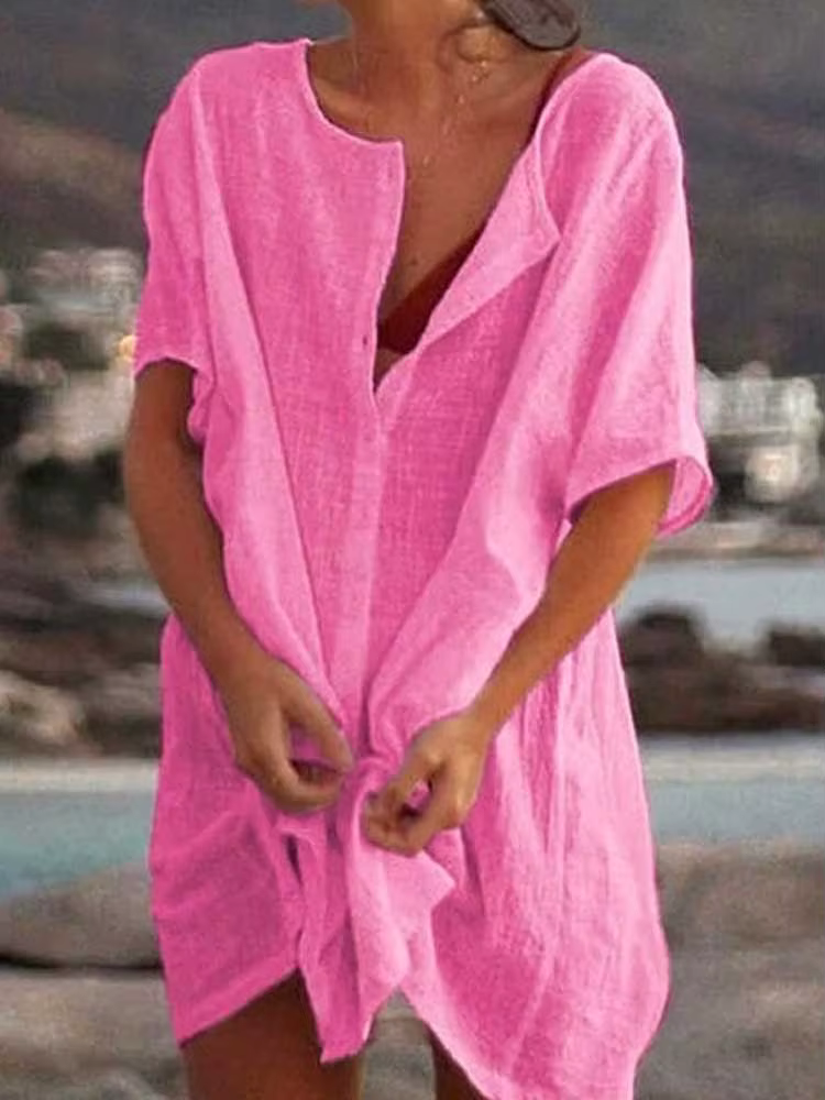 Femmes coton lin longue Blouse été à manches courtes solide bouton
