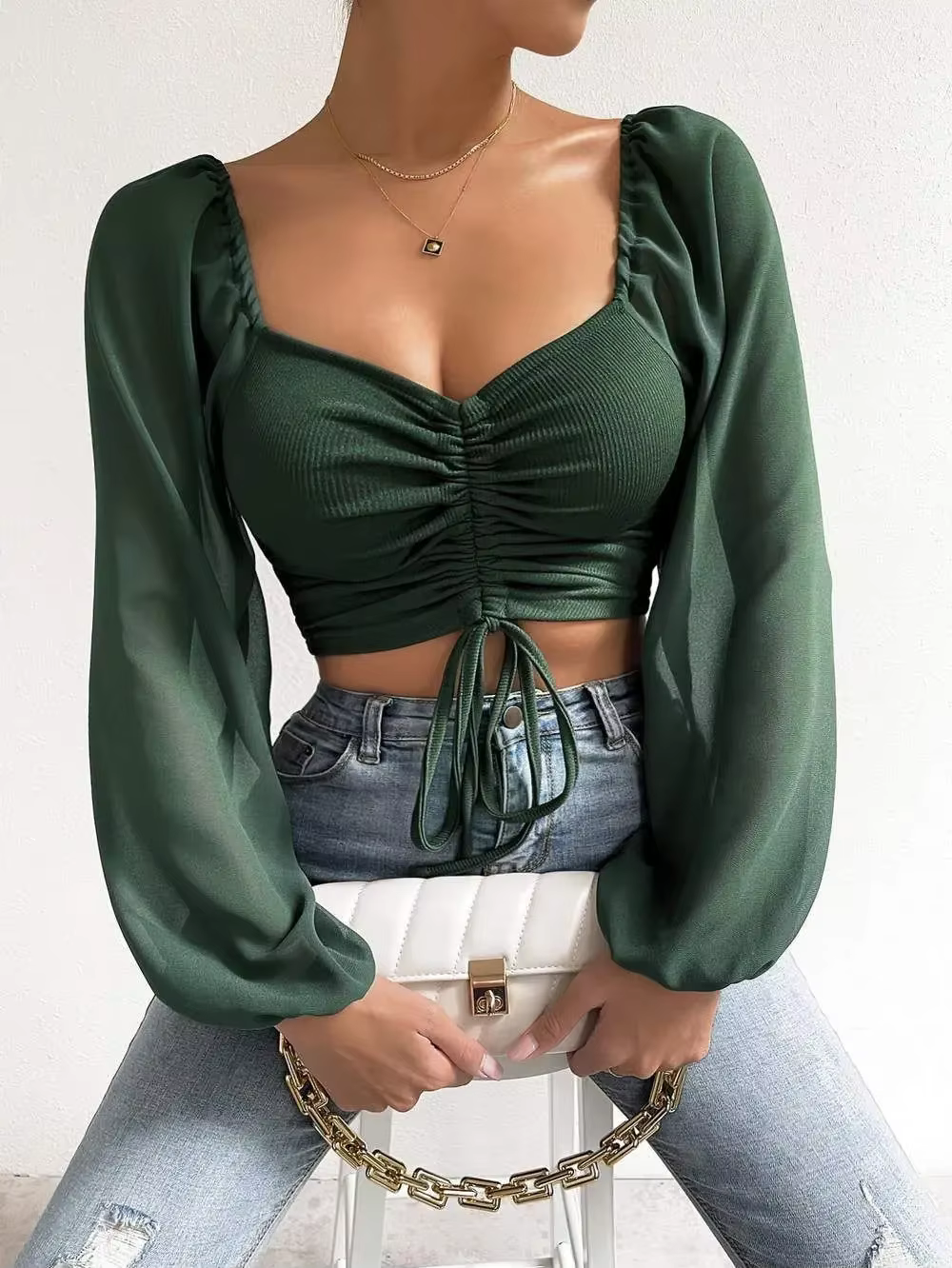 Grande taille haut pour femme cordon avant manches transparentes T-Shirt court col plongeant manches longues tricot côtelé chemisier froncé printemps été