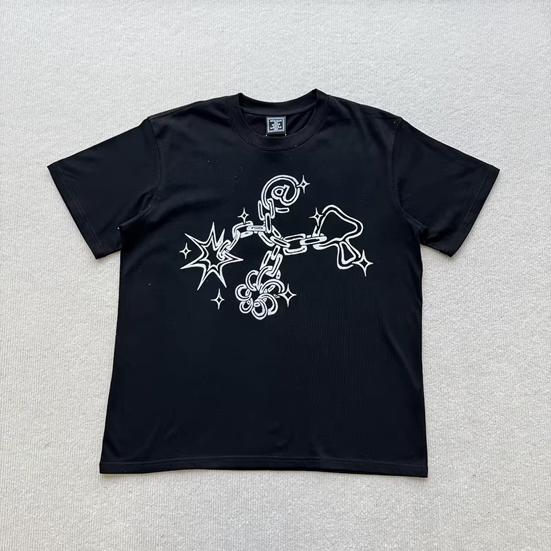 Nouveau T-shirt Streetwear ADWYSD pour Homme – Motif Cœur et Étoile Chaîné – Col Rond Oversize – Livraison Rapide
