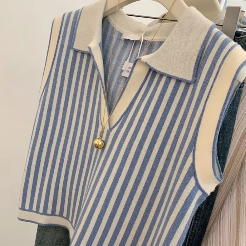 Haut sans manches à col jeune rayé bleu pour femmes