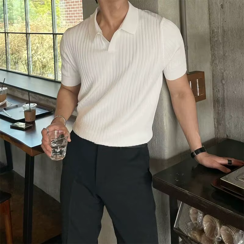 Hommes Slim Fit Polos Solide Stretch Sexy Col TShirt Mode Tendance Coton Haut Décontracté Vêtements D'été Confortable Extensible