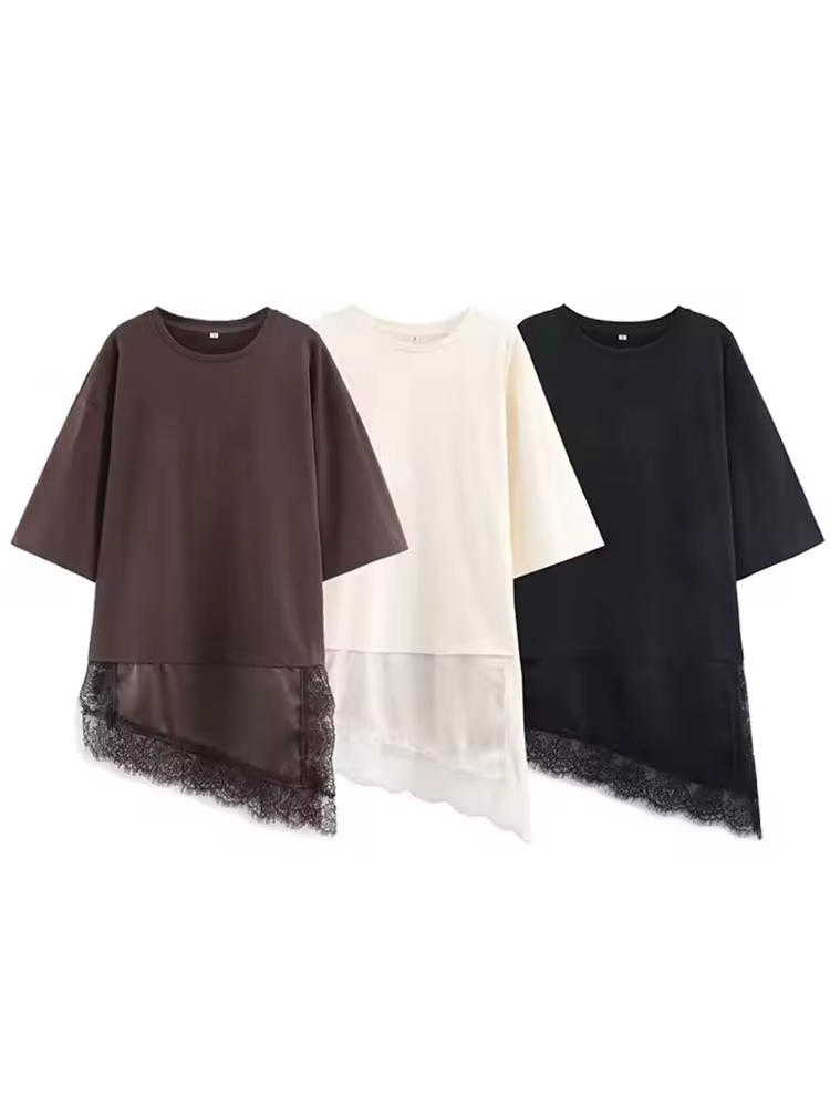 T-shirt asymétrique à col rond et manches courtes pour femme