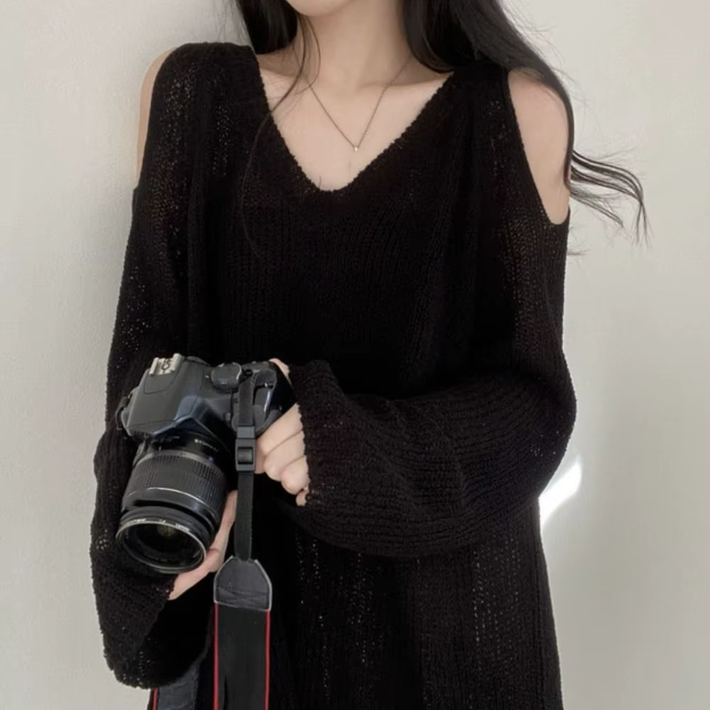 T-shirt long chic en maille ajourée à manches longues