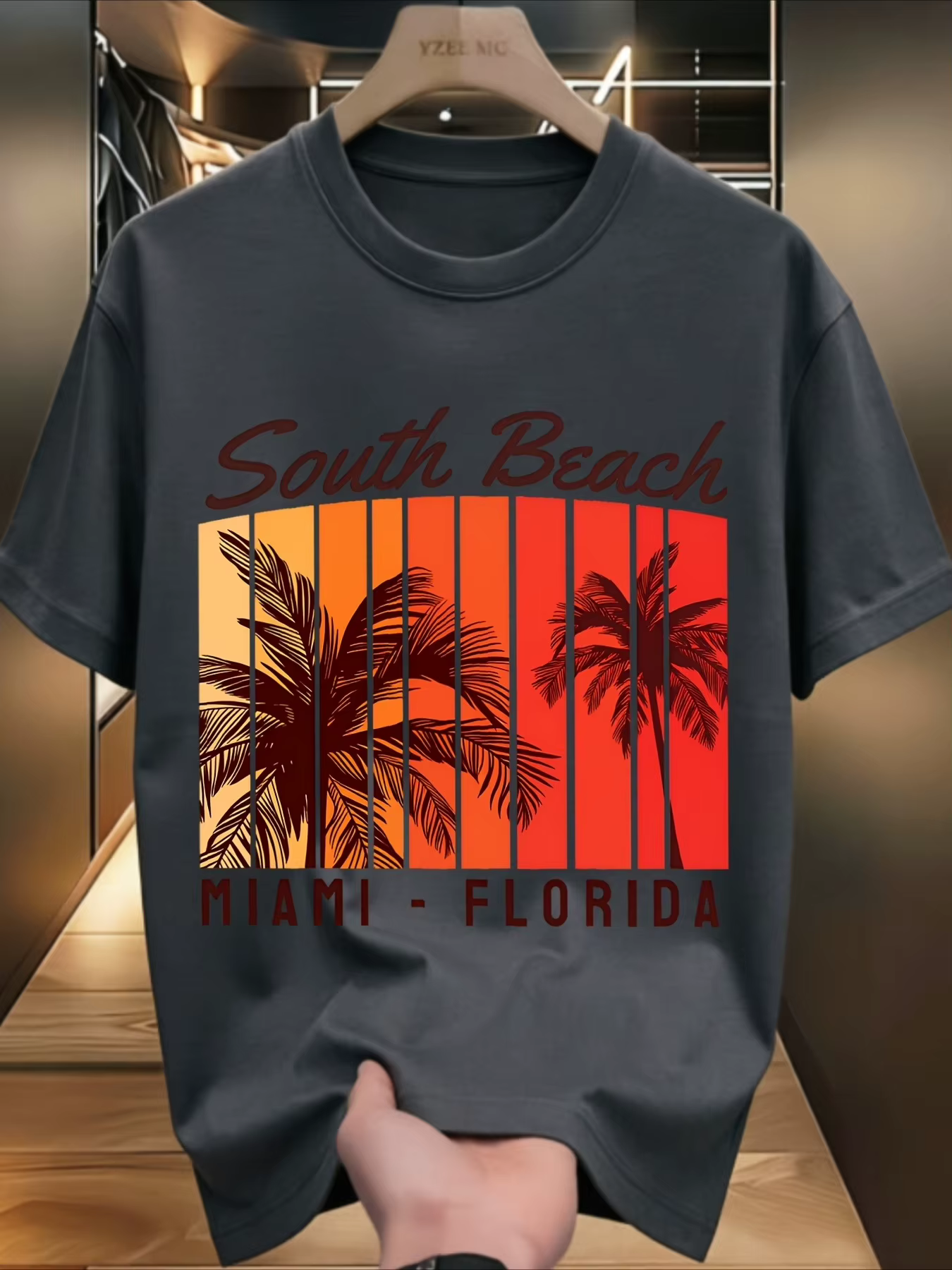 T-shirt Miami South Beach pour hommes et femmes, avec silhouette de palmier, imprimé lettres côtières de la Floride, col rond, en coton, pour les vacances d'été, usage quotidien