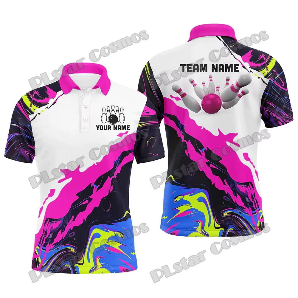 Camo Bowling Ball And Pins Option multicolore Nom personnalisé 3D Imprimé Polo pour hommes Été Unisexe