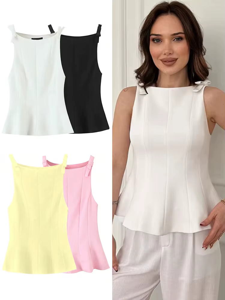 HH femmes élégant solide nœud recadrée hauts mince sans manches épaules nues Sexy dame débardeurs mode décontracté Y2K femme gilet