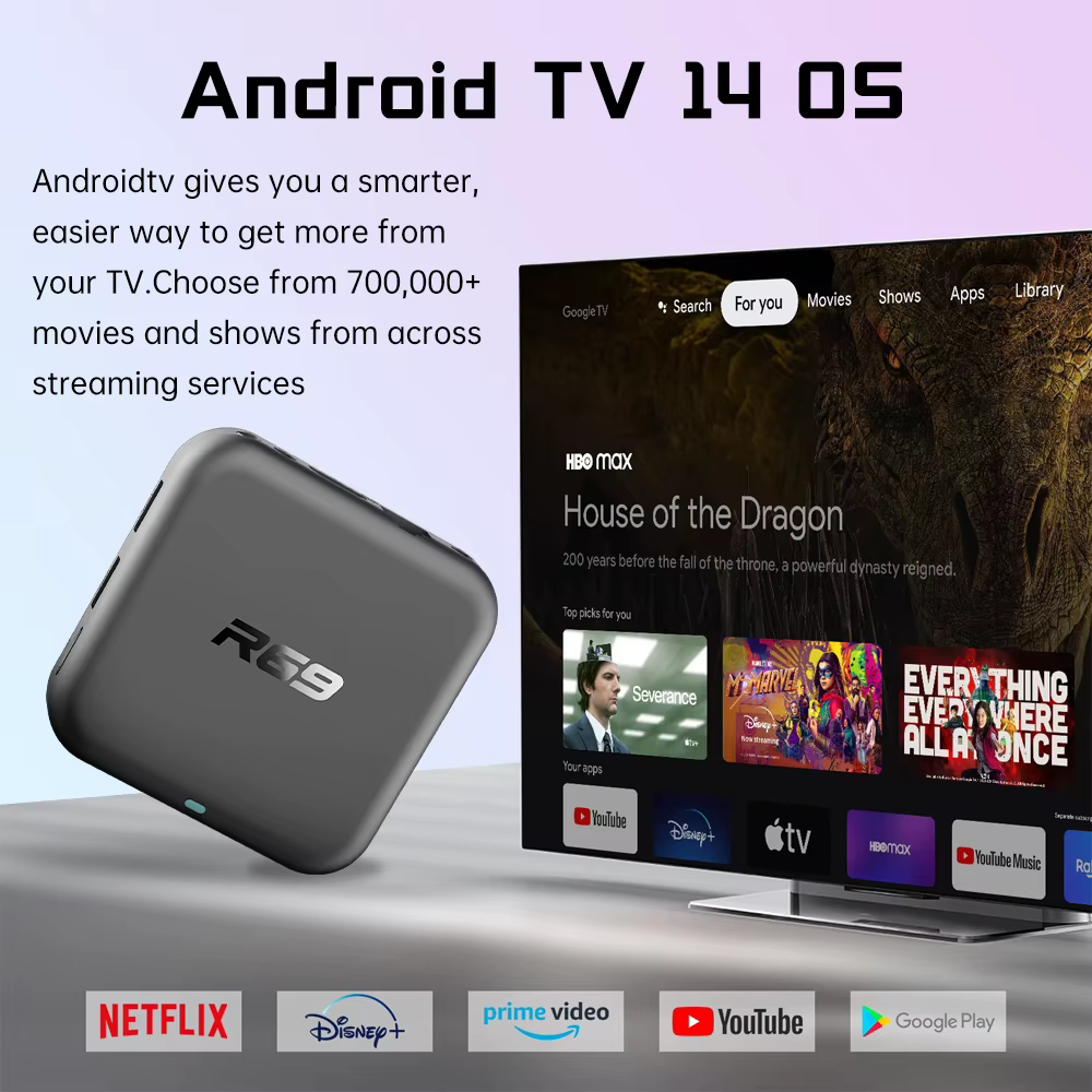 Boîtier TV Android 14 R69-1 Double Wi-Fi 2.4G/5G BT5.0 Lecteur Multimédia 4K UHD HDR 2 Go RAM 16 Go ROM Décodeur Intelligent Divertissement à Domicile