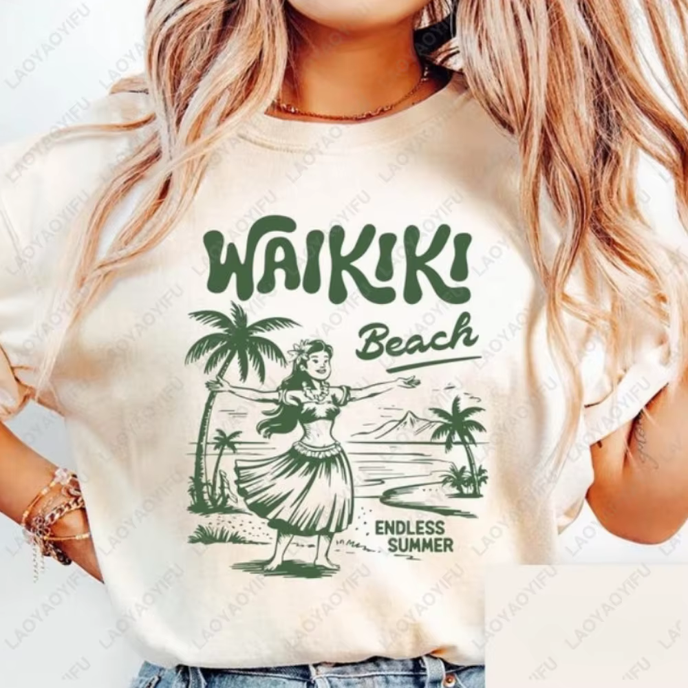 Waikiki chemise de plage Hawaii graphique T-Shirt Hula Girl Vintage île