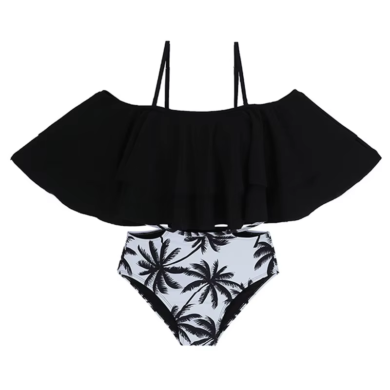Maillot de bain noir à volants, épaules dénudées, rembourré, coréen, taille haute, pour femmes, vêtements de plage, été, 2024