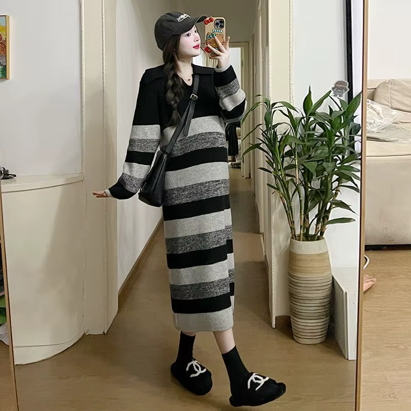Robe en tricot rayé pour femmes, manches longues, col Polo, coupe ample, longueur mi-mollet, Style décontracté, vêtements d'automne et d'hiver