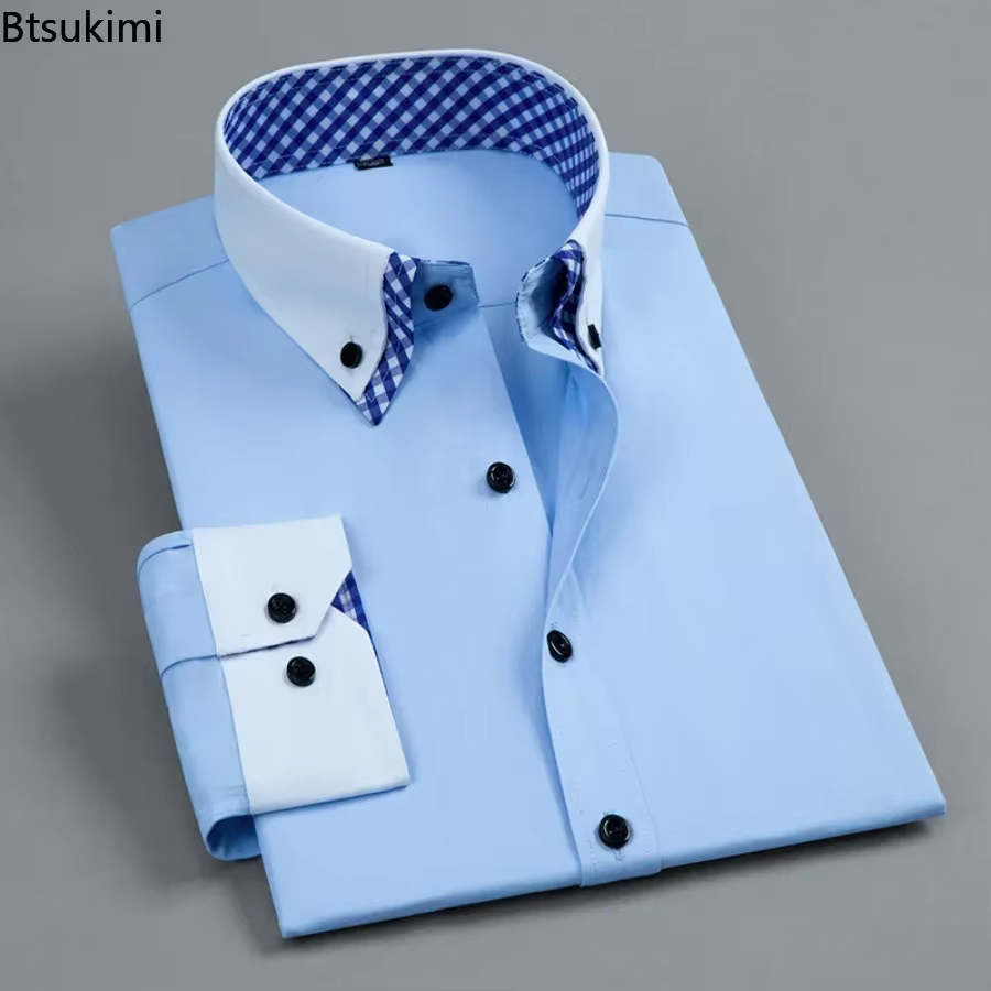 2026 chemise habillée pour hommes Non fer mode Double couche à manches longues affaires formelle coupe régulière bureau Camisa chemises sociales mâle