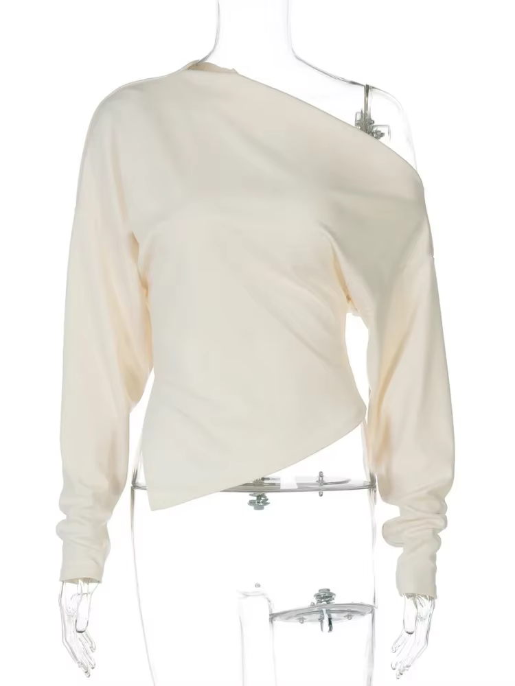 Épaule inclinée à manches longues T-shirt Sexy femmes automne mode solide col incliné dos nu froncé Club fête T-shirts
