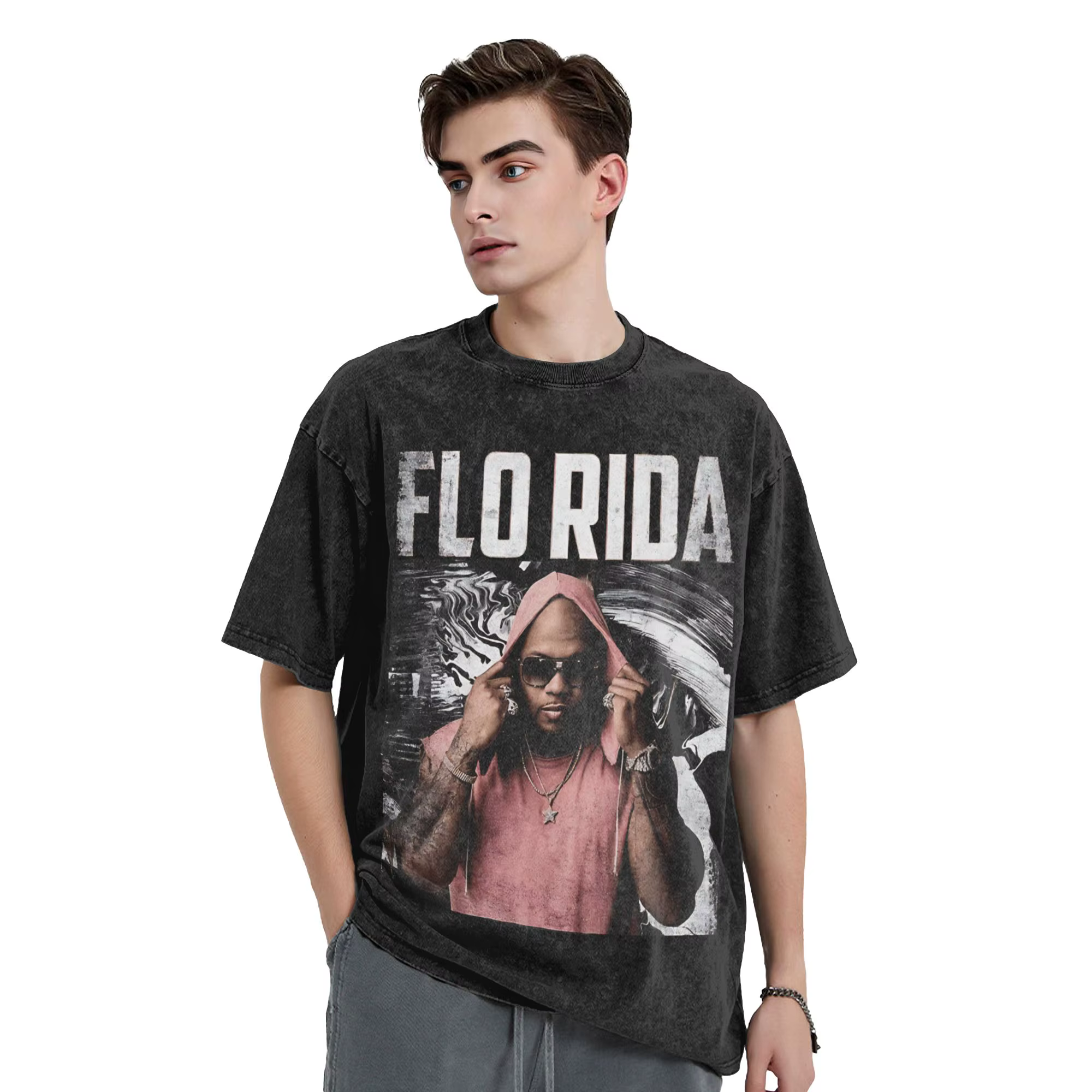 T-shirt délavé pour homme et femme, style hip hop, Flo Rida, Harajuku, été
