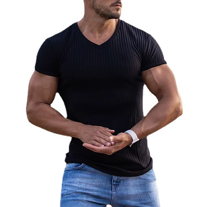 Hommes col en V à manches courtes T-shirt Fitness coupe ajustée sport