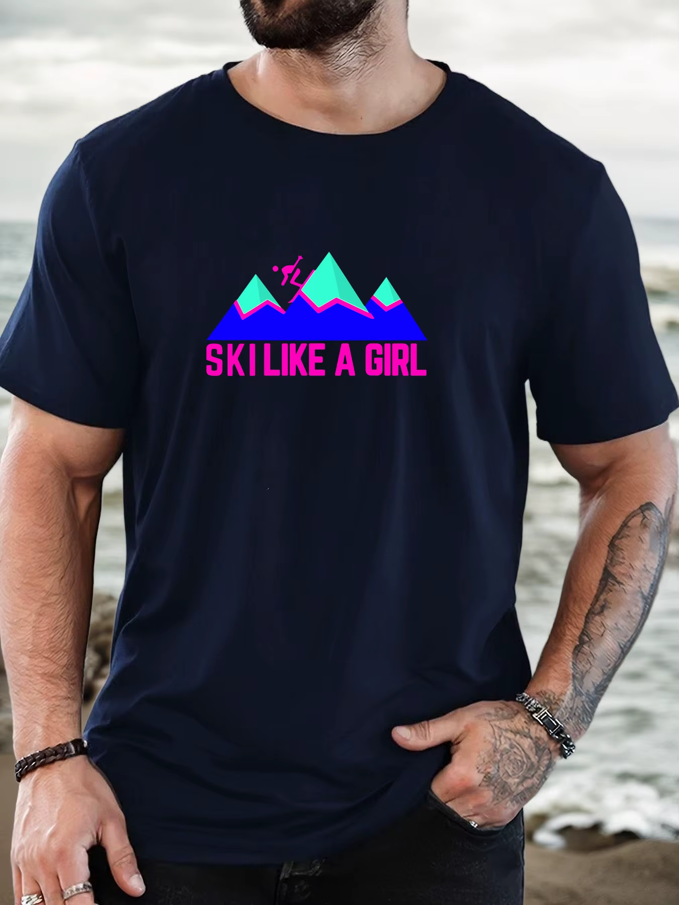 T-shirt court décontracté à col rond pour hommes SKI LIKE A GIRL