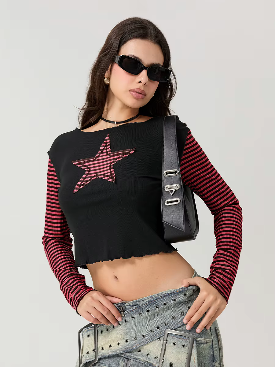 Women T-shirt Long Sleeve Crew Neck Star Stripe