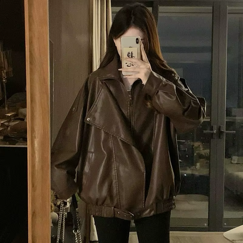 Veste de moto rétro en cuir Pu à revers pour femme
