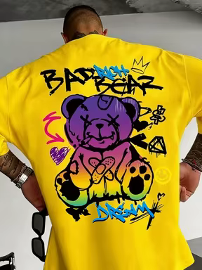 T-shirt à col rond personnalisé avec imprimé graffiti à motif d'ours