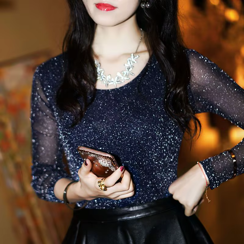 2025 strass vêtements noir paillettes T-shirt chaud col roulé femme