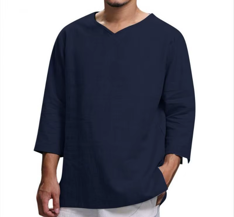 Hommes col en V coton lin t-shirts mâle respirant couleur unie trois quarts décontracté ample pull