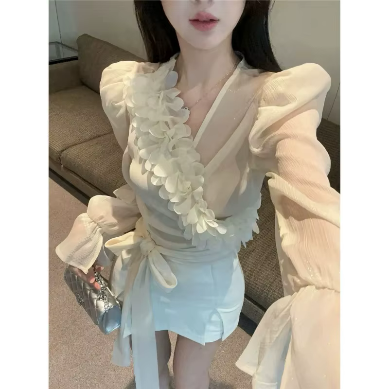 Chemise française en mousseline de soie à manches bouffantes pour femmes, petit haut français à col en v, pur désir, belles chemisiers, été