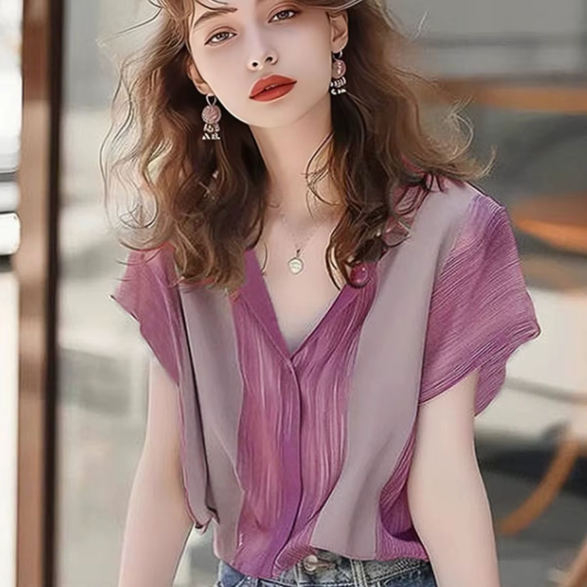 Chemise à manches courtes épissée à rayures violettes françaises