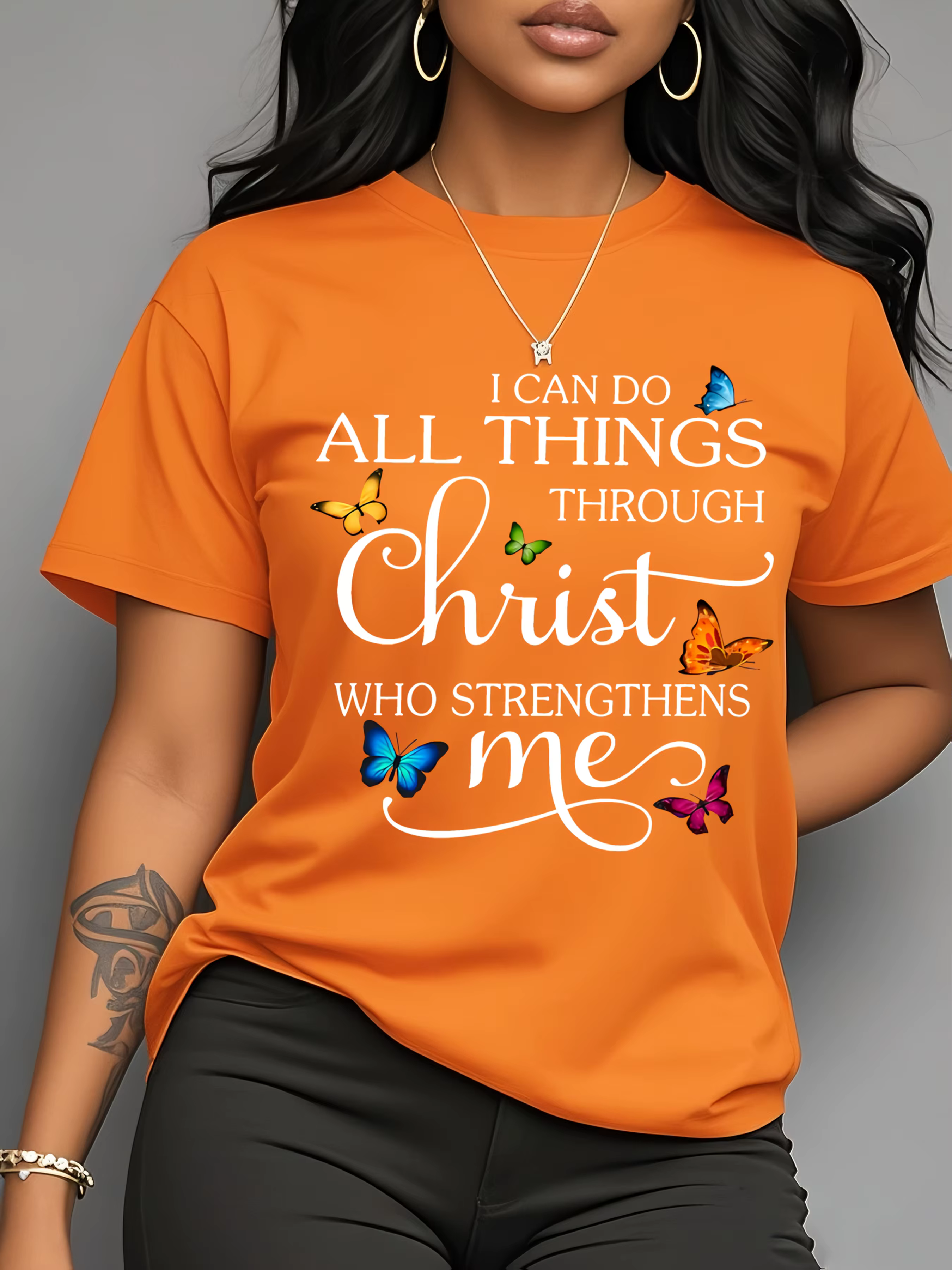 T-shirt pour femme « I Can Do All Things Through Christ » - Motif papillon chrétien
