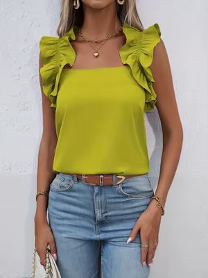 Débardeur à volants vert citron pour femme, col carré, sans manches, ourlet incurvé, tenue décontractée d'été