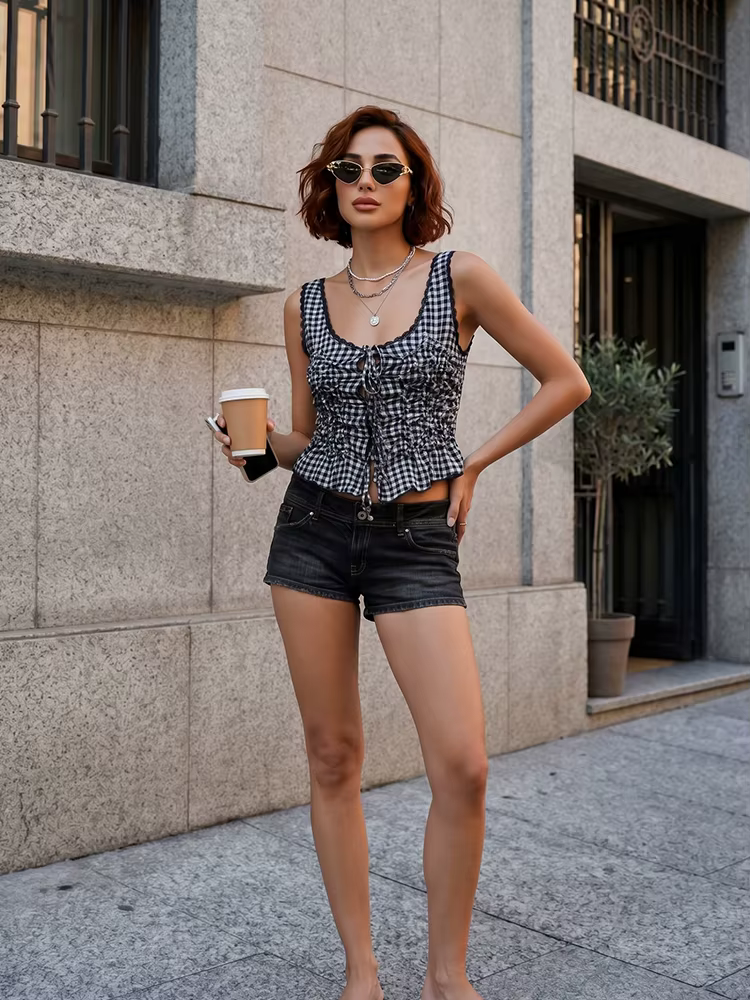 Débardeur Corset en Chiffon Plissé à Bretelles et Dentelle Style Français HH pour Femme