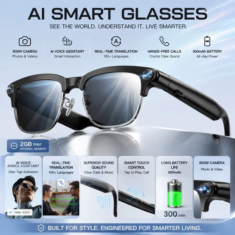 Lunettes Intelligentes IA avec Caméra HD 800W