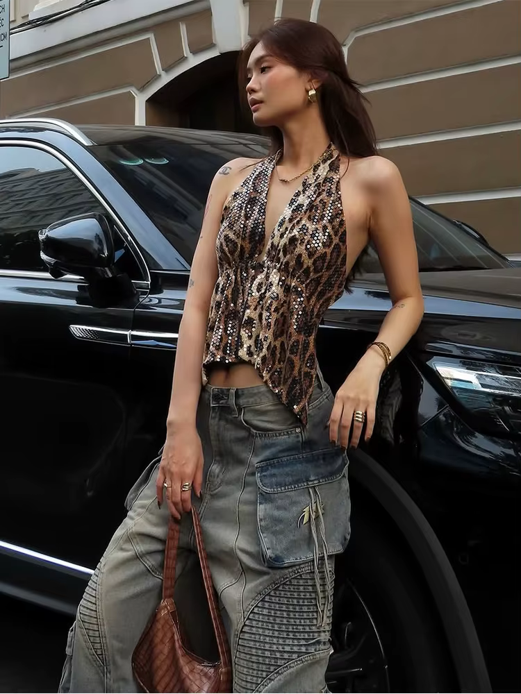 Nibber imprimé léopard paillettes femmes gilet dos nu licou col en v à lacets sans manches rue maigre sauvage été tendance polyvalent hauts